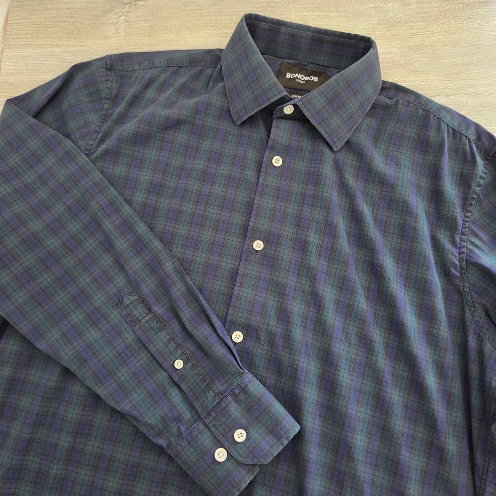 Bonobos Button Down Shirt Navy Green Plaid Stretch Slim Fit Mens 17/35